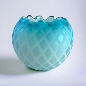 Large Antique Mount Washington Cased Blue Satin Glass Quilted Diamond Rose Bowl Victorian MOP