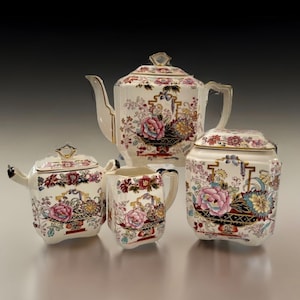 Antike Masons Ironstone Brokat Tee-Set, Teekanne, Milch-Zucker & Teedose