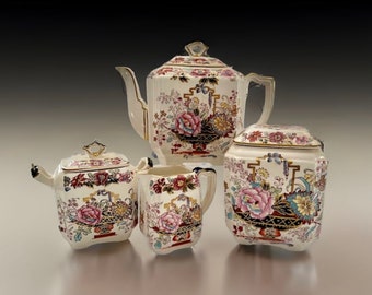 Antique Masons Ironstone Brocade Tea Set, Teapot, Milk Sugar & Tea Caddy