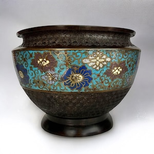 Antique Japanese Bronze Champlevé Enamel Cloisonné Jardinier Planter Bowl