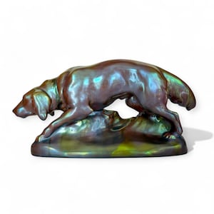 Large Zsolnay Eosin Iridescent Glaze -Art Deco Hunting Dog Figurine - Model V-201308