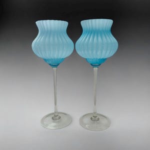 16” MCM Empoli Opaque Sky Blue Glass Chalice Candle Holders / Vase 1960&#39;s Italy