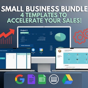May include: A computer screen displaying a spreadsheet with the title "Project 2" and a pie chart. A laptop screen shows a project management template with a to-do list, a notes section, and a calendar. The image also includes icons for Google Drive, Google Docs, Google Sheets, and Google Calendar.