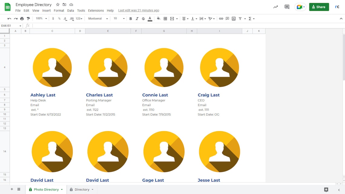 Business Employee Directory, Google Spreadsheet, Contact Info, Small