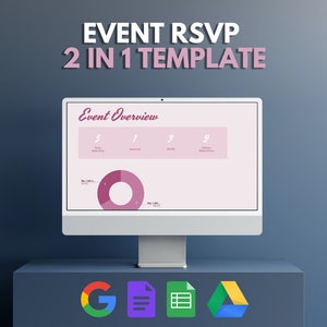 Puede incluir: Una pantalla de ordenador que muestra una plantilla de RSVP de evento rosa y blanca con el texto "Resumen del evento". La plantilla incluye un gráfico circular, números y el texto "Total de asistentes", "Rechazados", "RSVP" y "Restricciones dietéticas". El ordenador está sobre una superficie azul oscuro con iconos de Google Docs, Sheets y Drive.