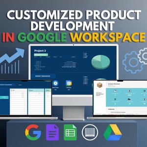 Pode incluir: Um gráfico azul e branco mostrando uma tela de laptop com uma planilha do Google Workspace, uma tela de laptop com um calendário do Google Workspace e uma tela de laptop com uma lista de tarefas do Google Workspace. O texto "CUSTOMIZED PRODUCT DEVELOPMENT IN GOOGLE WORKSPACE" está no topo da imagem. O logotipo do Google Workspace está na parte inferior da imagem.