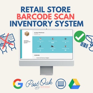 May include: A computer screen displaying a retail store inventory management system with a barcode scanner icon. The system shows a count and value by category for a warehouse. The text on the screen reads "1st Street Warehouse" and "Inventory Management System".