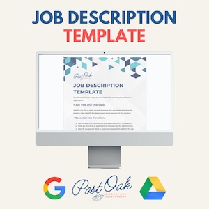 Puede incluir: Una pantalla de ordenador que muestra una plantilla de descripción de puesto con un fondo geométrico azul y gris. La plantilla se titula "Plantilla de descripción de puesto" y es de "Post Oak Workplace Development".