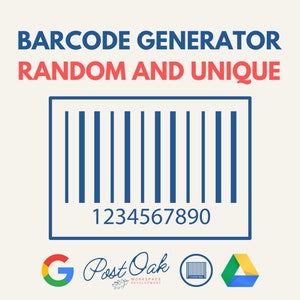 May include: A blue barcode with the number 1234567890 printed below it. The text "BARCODE GENERATOR RANDOM AND UNIQUE" is above the barcode in red and blue text.