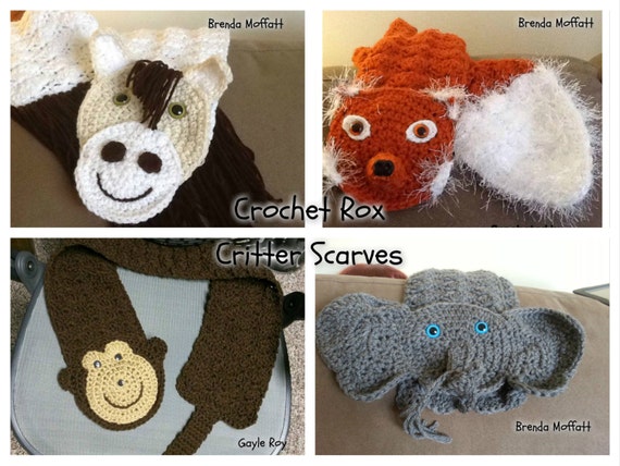 Crochet Patterns Critter Scarves Pattern Pack Horse Monkey Elephant Fox W Bonus Cat Scarf Pattern Crochet Animal Scarf
