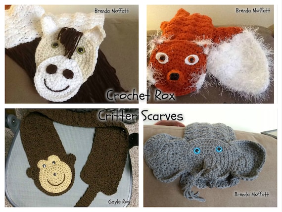 Crochet Patterns Critter Scarves Pattern Pack Horse Monkey Elephant Fox W Bonus Cat Scarf Pattern Crochet Animal Scarf