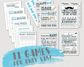 Blue Baby Shower Games Bundle, Printable Baby Shower Games, Boy Baby Shower, Words for the Wee Hours, Water Broke Game