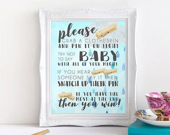 Don't Say Baby Clothespin Game, Printable Baby Shower Games, Baby Sprinkle Games, Rain Cloud Baby Shower, Instant Download