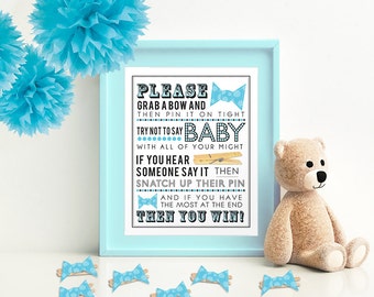 Don't Say Baby Clothespin Game with Bow Ties, Printable Baby Shower Games, Boy Baby Shower, Instant Download