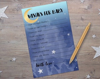 Wishes for Baby, Printable Baby Shower Activity, Moon and Stars Baby Shower, Instant Download