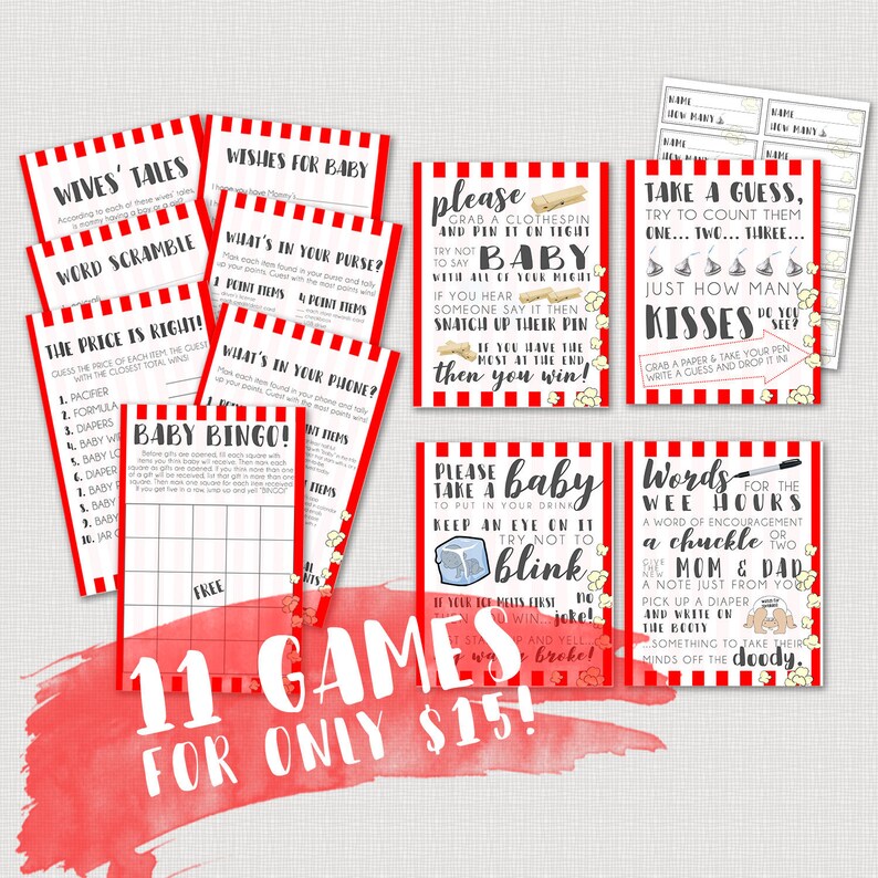 Popcorn Printable Baby Shower Games Bundle Instant Download 11 Games with Wee Hours /& Don/'t Say Baby Clothespin Ready to Pop