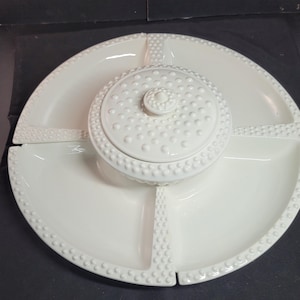 7 piece Vintage California USA Pottery White Hobnail Lazy Susan Set with Covered Tureen