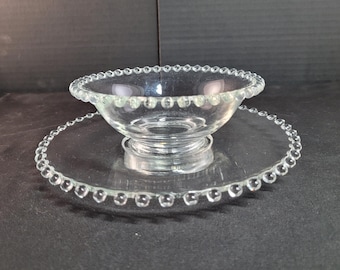 Vintage Imperial Glass Candlewick Perlenschale mit Unterplatte - 1950er Jahre 2-teiliges Set aus klarem Kristall