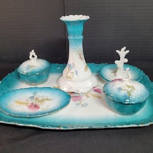 Vintage Porcelain 6-Piece Vanity Dresser Set – Floral Pink & Blue – Powder Box, Tray, Candlestick – Victorian Style