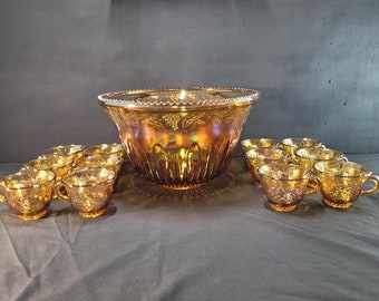 Vintage Indiana Carnival Glass Punch Bowl Set with 12 cups Marigold Grape Leaf