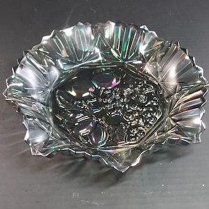 Vintage Federal Glass Pioneer Iridescent Smoke 11" Crimped Bowl with Sawtooth Edge