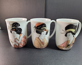3 Cups Hand Painted Fitz & Floyd Geisha (Light Tone) Asian Theme Mugs Fine China Set
