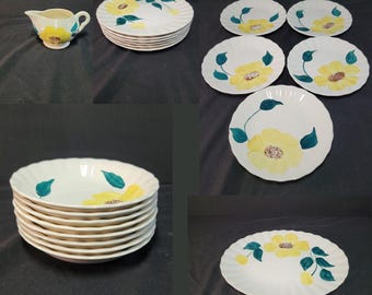 Vintage Blue Ridge Daisy China – handgeschilderde lunchborden, schotel, brood- en boterborden, dessertkommen en creamer