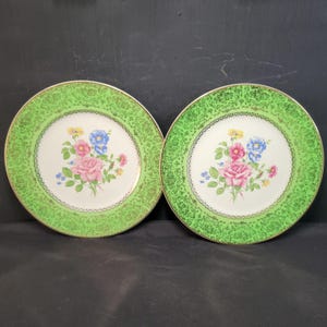 May include: Two vintage decorative plates. Each plate has a central floral bouquet with pink, blue, and yellow flowers. The plates have a white centre, a green border with a gold filigree design, and a gold rim. The plates are likely made of porcelain.