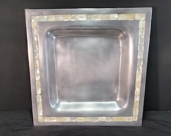 Vintage Cast Aluminum Serving Tray with Mother of Pearl Inlay – Mid Century Hostess Entertaining Platter, Retro Barware Decor