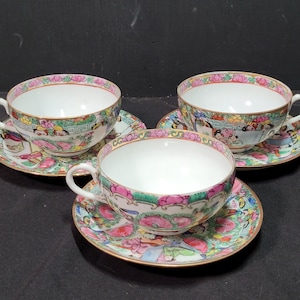 Vintage Rose Medallion Famille Porcelain Cup and Saucer – Hand-Painted Chinese Figures & Floral Design