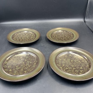Vintage Franciscan Madeira Bread & Butter Plates – Set of 4 – 1967-1983 Tan Flower Brown Stoneware with Green Band – Mid Century Dinnerware