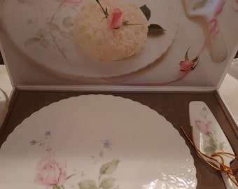 Vintage Mikasa April Rose Plate and Server - Floral Bone China Serving Set - 1980s Rose Cake Plate with Serving Knife