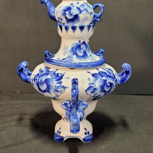 Lovely Vintage Russian Porcelain Gzhel Samovar or Tea urn/Russian ornament/ decoration in floral cobalt blue