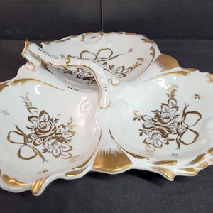 LG Limoges porcelain de France 3 section plate white and gold hand painted roses