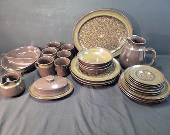 Vintage Franciscan Madeira Dinnerware Set • Brown Olive Embossed Stoneware Mid-Century Modern