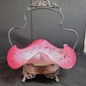 Antique Victorian Glass Bride&#39;s Basket with Silver Plate Handled Holder