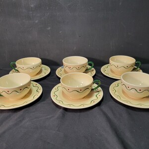 Set of 6 Vintage Metlox Poppytrail California Provincial Cups and Saucers Red Dot Green Line Mid Century Pottery