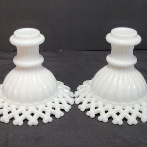 Vintage Westmoreland Milk Glass Lattice Edge Candle Holders