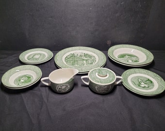 Vintage 13 Pc The Old Curiosity Shop Green Transferware China Set
