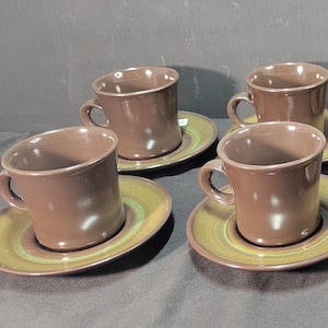 Set of 4 Vintage Franciscan Madeira Mugs/Cups and Saucers — Brown & Olive Green Mid-Century Coffee Cups