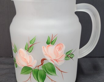 Vintage Frosted Glass Pitcher Set – Hand-painted Pink Roses, 7