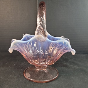 Fenton Opalescent Lamb’s Tongue Basket – Iridescent Ruffled Art Glass