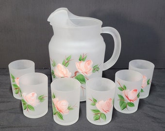 Vintage Frosted Glass Hand Painted 8.5" Pitcher & 6 Matching Glasses