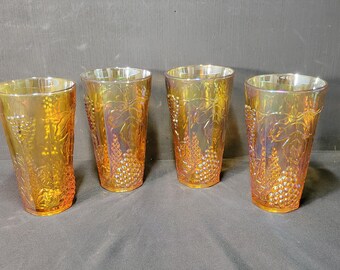 Set of 4 Vintage Indiana Carnival Glass Marigold Harvest Grape Water Tumblers 5 3/4"