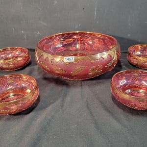 Antique Cranberry Glass Berry Bowl Set: EAPG US Glass Co. Delaware Pattern