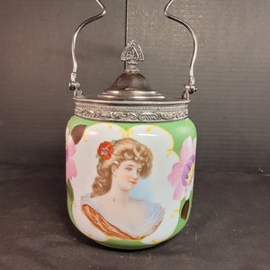 Antikes viktorianisches Keksglas mit Portrait Lady & floralem handgemaltem Design - Porzellan-Keksfass aus der Zeit um 1900 mit Metalldeckel- Brittania?