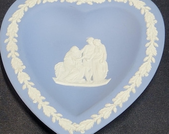Vintage Wedgwood Jasperware Heart Dish, Pale Blue with Cream Relief, Classical Figures & Oak Leaf Border, Made in England
