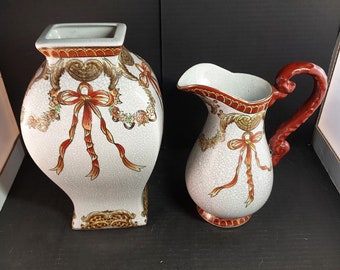 Beautiful pair of Vintage Large Chinese Porcelain Crackle Ribbon Motif Flared Vase and Matching Pitcher
