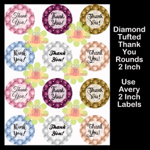 Puede incluir: Conjunto de 8 etiquetas redondas de agradecimiento con acolchado de diamante en rosa, blanco, dorado, morado y azul. Cada etiqueta mide 5 cm de diámetro y presenta el texto "¡Gracias!" en blanco. Use etiquetas Avery de 5 cm.