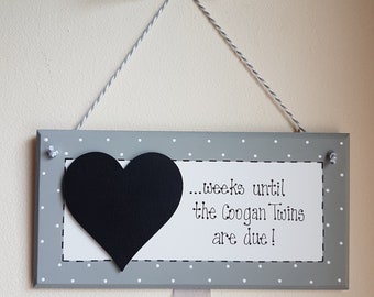 Grey Twins New Baby Pregnancy Countdown Plaque Chalkboard Maternity Shower Sign Gift